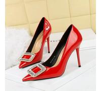 Decolte Rosso Fuoco Vernice Con Fibbia Gioiello Tacco 10 Cm Elegante CF2347