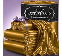 DECOLURE Set di lenzuola in raso per letto king size, 4 pezzi, setose e lussuosamente morbide, con tasca profonda 38,1 cm, simile alle lenzuola in seta, con doppia cucitura, senza pieghe (oro)