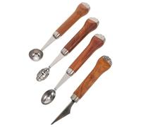 DECOMELODY Set da 4 Utensili per Scavino di Frutta in Acciaio Inox con Manico in Legno Cucchiaio Sferico per Melone e Taglierina Seghettata per Intagliare per Presentazioni di Dessert e