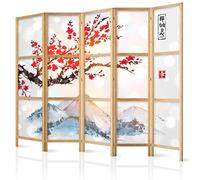 decomonkey 5 Panelli Paravento - 225 x 171cm Natura di montagna con fiori di ciliegio Divisorio Separè per la separazione degli ambienti la casa l'ufficio la spa