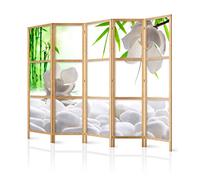 decomonkey 5 Panelli Paravento - 225 x 171cm Pietre bianche Bambù fiore d'acqua Divisorio Separè per la separazione degli ambienti la casa l'ufficio la spa