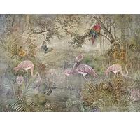 decomonkey carta da parati Vintage 400x280 cm fotomurali non tessuto murale XXL Poster moderna decorazione Carta per pareti Retro Animali Fenicottero Natura Pianta come dipinto beige verde rosa