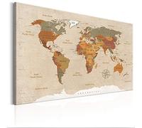 decomonkey Pannello in fibra per puntine 120 x 80 cm contiene 50 pin Mappa del mondo tela su sfondo beige Bacheca e quadro su tela in uno