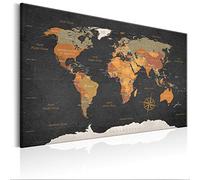decomonkey Pannello in fibra per puntine 120 x 80 cm contiene 50 pin Mappa del mondo tela su sfondo nero Bacheca e quadro su tela in uno
