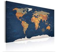 decomonkey Pannello in fibra per puntine 90 x 60 cm contiene 50 pin Mappa del mondo tela su sfondo blu scuro Bacheca e quadro su tela in uno