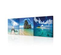 decomonkey Quadro Stampa su Tela moderno Mare Set di 3 pezzi 30x30 cm Murale Fotografia Immagini Decorazione da parete Grafica Natura Scala Isola Paesaggio Spiaggia Sabbia beige blu