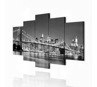 decomonkey Quadro Stampa su Tela moderno New York 200x100 cm 5 pezzi Murale Fotografia Immagini Decorazione da parete Grafica Architettura Città Brooklyn Bridge Notta Illuminazione NY bianco nero