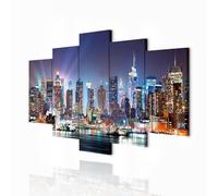 decomonkey Quadro Stampa su Tela moderno New York 200x100 cm 5 pezzi Murale Fotografia Immagini Decorazione da parete Grafica Architettura Città Manhattan Baia Grattacielo Notta NY USA colorato