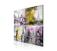 decomonkey Quadro Stampa su Tela moderno Parigi Astratto Set di 4 pezzi 30x30 cm Murale Fotografia Immagini Decorazione da parete Grafica Paris Torre Eiffel Amore Fiori Albero rosa giallo