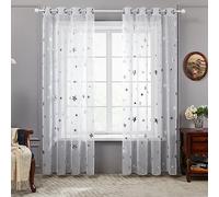 Deconovo Tende Soggiorno Bianche per Interni con Anelli, Tende Voile Trasparenti Camera da Letto Stampate Stelle Moderne 2 Pannelli, 140x145 CM Bianco-Stelle