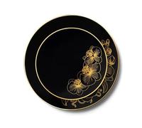 Decor Decorline - 32 Piatti Eleganti in Plastica Rigida Riutilizzabili per 16 persone - Collezione Orchid - Nero/Oro - Piatti per la cena e il dessert - 2 misure (16x26cm, 16x19cm)