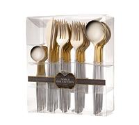 Decor Decorline - Set di posate in plastica resistente riutilizzabile - 40 pezzi - Include 16 forchette, 8 coltelli, 8 cucchiai e 8 cucchiaini da caffè - Noble - Top: Oro lucido - Manico: Argento