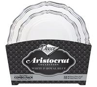 Decor Decorline - Set di stoviglie riutilizzabili da 32 pezzi/per 16 persone - Collezione Aristocrat - Bianco/argento - Piatti da dessert per cena e antipasti - 2 misure (16 x 26 cm e 16 x 19 cm)