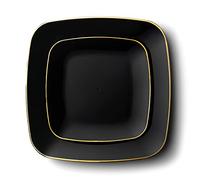 Decor Decorline - Set Piatti Quadrati Plastica Rigida Riutilizzabili da 32 pezzi/per 16 persone - Nero con Bordo Oro - Piatti dessert & Piatti pranzo - 2 misure (16 x 25 cm, 16 x 18 cm) - Classic