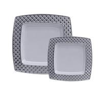 Decor Decorline - Set Piatti Quadrati Plastica Rigida Riutilizzabili da 40 pezzi/per 20 persone - Bianco con Bordo Argento - Piatti dessert & Piatti pranzo (20 x 25 cm, 20 x 20 cm) - Diamond
