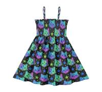 decor gift Abito estivo da bambina con gatto mago fluo, con spalline regolabili, stile casual, per Pasqua, Gatto Mago Neon, 5-6 Anni