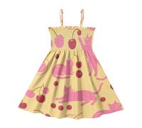 decor gift Abito lungo da bambina con motivo gatto e ciliegia, con spalline regolabili, con orlo a volant, colore rosso e rosa, Gatto rosso e rosa e ciliegia, 7-8 anni