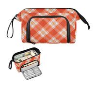 decor gift Astuccio per penne a quadri arancione fluorescente e bianco, grande capacità, con cerniera, per cosmetici e lapices