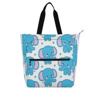decor gift Borsa a tracolla artistica per bambini, donne, uomini, simpatici elefanti blu in stile cartone animato, leggera, con tasche con cerniera, per scuola, shopping, drogheria