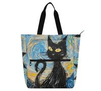 decor gift Borsa per libri per bambini, ragazzi e ragazze, stile Van Gogh, con gatto nero, leggera, riutilizzabile, borsa da spiaggia con cerniera, per scuola, shopping, drogheria
