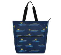 decor gift Borsa tote per libri per bambini, ragazzi e ragazze, con alligatori blu, con corona, leggera, riutilizzabile, con cerniera, per università, shopping, spiaggia