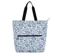 decor gift Borsa tote per libri, per bambini, studenti, adulti, vintage, con rosa blu, William Morris, bianca, impermeabile, riutilizzabile, con cerniera, per scuola, lavoro, viaggi