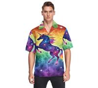 decor gift Camicia a maniche corte hawaiana con unicorni arcobaleno galassia e bottoni, da uomo, per spiaggia, vacanze, crociera, estate, Unicorni della galassia arcobaleno, L