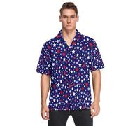 decor gift Camicia da uomo a maniche corte hawaiana americana a maniche corte con bottoni a forma di stella blu rossa bianca, Rosso Bianco Blu Stella Americana, XXL