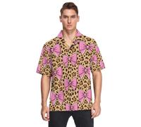 decor gift Camicie hawaiane con bottoni hawaiani con stampa leopardata con fiocco rosa ghepardo per uomo camicia da uomo a maniche corte per incontri, Leopardo Rosa Fiocco Ghepardo Animale Stampa, L