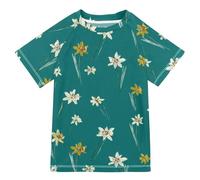 decor gift Oliver Jeffers Style Daffodil Seafoam - Costume da bagno a maniche corte per bambini, per ragazze e adolescenti, Oliver Jeffers Style Narciso Seafoam, 7-8 anni