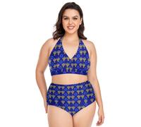 decor gift Plus Size Bikini Set per le Donne Modello di Vacanza Regolabile Blu Stelle Costume Da Bagno Halter top Controllo Pancia 2 pz, Modello Vacanze Blu Stelle, XX-Large