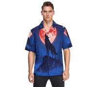 decor gift Wolf Howling Red Blood Moon Hawaiian Button Down Camicie a maniche corte da uomo con stampa camicia, Lupo che ulula Luna di sangue rosso, 3XL