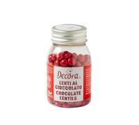 Decora, 2081189 Confezione da 80 g Mini Lenti Cioccolato A Latte Rosso Dim. ⌀ 10 mm, Pronte all’uso, Da cospargere direttamente su torte, Con il 60% di cioccolato al latte, Made in Italy