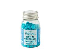 Decora, 2081196 Confezione da 80 g Mini Lenti Cioccolato A Latte Blu Sky Dim. ⌀ 10 mm, Pronte all’uso, Da cospargere direttamente su torte, Con il 60% di cioccolato al latte, Made in Italy