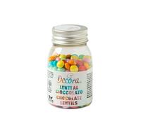 Decora, 2081199 Confezione da 80 g Mini Lenti Cioccolato A Latte Arcobaleno Dim. ⌀ 10 mm, Pronte all’uso, Da cospargere direttamente su torte, Con il 60% di cioccolato al latte, Made in Italy