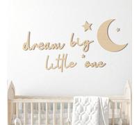 Decora la parete della cameretta con questo cartello in legno "Sogna in grande piccolo" con luna e stelle in stile bohémien, adatto per camerette neutre di bambini e bambine, per la camera da letto, l