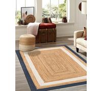 DECORAM WORLD Tappeto in iuta beige e bianco e blu navy, 1,2 x 3,5 m, tessuto a mano, tappeto in fibra naturale | tappeto in stile rustico e bohémien per soggiorno, camera da letto, cucina, ingresso