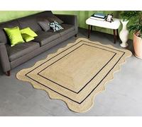 DECORAM WORLD Tappeto in iuta smerlato di alta qualità, realizzato a mano, per soggiorno, camera da letto, ingresso, 6 x 1,5 m, con bordo blu navy, decorazione per la casa bohémien
