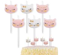 Decoraparty 6 Candeline a Forma di Gattino, Candele Tema Gatto di Cera per Torta di Compleanno Femmina Bambina, Decorazione Festa, Party, Rosa e Bianco - Altezza h 2 cm