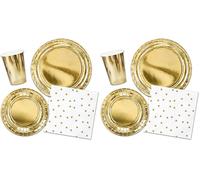 Decoraparty Kit Stoviglie Oro per 6 Invitati, Decorazioni Addobbi Dorate da Tavola Monouso per 6 Persone per Capodanno Natale Celebrazione 6 Piatti Grandi 6 Piatti Piccoli 20 Tovaglioli 6 Bicchieri