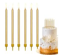 Decoraparty Set 12 Candele Oro - Candeline Dorate Sottili Lunghe Eleganti con Supporto Base in Plastica per Torta di Compleanno, Anniversario, Festa - Altezza 12,5 cm