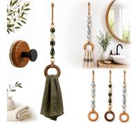 Decorative Beaded Towel Hanger with Wooden Ring, Boho Macrame Beaded (B-1) | Easy Towel Hanging, Hand Towel Holding, Rustic Wood Bead Structure, Bathroom Kitchen Use, Quick Towel Access