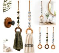 Decorative Beaded Towel Hanger with Wooden Ring, Boho Macrame Beaded (D-1) | Easy Towel Hanging, Hand Towel Holding, Rustic Wood Bead Structure, Bathroom Kitchen Use, Quick Towel Access
