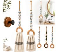 Decorative Beaded Towel Hanger with Wooden Ring, Boho Macrame Beaded (F-1) | Easy Towel Hanging, Hand Towel Holding, Rustic Wood Bead Structure, Bathroom Kitchen Use, Quick Towel Access