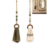 Decorative Beaded Towel Hanger with Wooden Ring,Rustic Wood Bead Hanging Holder,Boho Beaded Farmhouse Wall Towel Hanger,for Home Bathroom Kitchen Art Decor,Vintage Cottage Gift