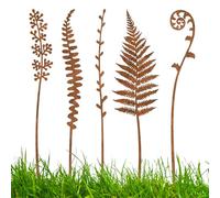 Decorative Garden Stakes, 5 Piece Rustic Decor For Outdoors, Retro Farmhouse Design With Rusty Finish And Ornamental Detailing, Outdoor Accent For Lawn Porch Deck Poolside Flowers Ferns
