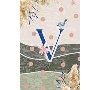 Decorative Monogram Blank Journal Notebook & Diary for Women with Initial V in Blue | Wavy Background with Pampas Grass, Birds & Butterflies Design | ... | Elegant Personalized Gift for Women & Girls