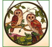 Decorativo dipinto a mano finestra vetro colorato Sun Catcher/Roundel in un disegno di granaio gufi.