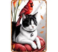 Decorativo Targa An Autumn Afternoon with a Cardinal and a Cat Segni stradali Segni di regola per Proprietari di bar/ristoranti,Garage,Genitori,Cucina M