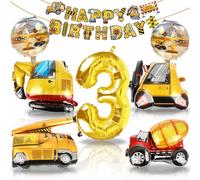 Decorazione 3° Compleanno Escavatore XXL, Bambino 3 Anni Palloncino Cantiere Trattore Con Gru, Palloncini Veicoli Costruzione con Striscione Happy Birthday, Palloncino Numero 3 per compleanno bambini